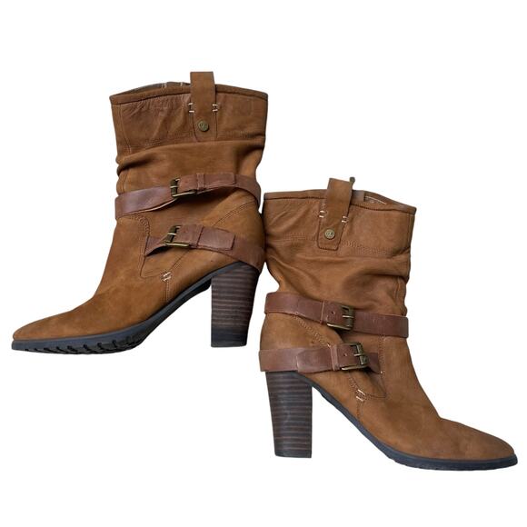 Marc Fisher Famous Brown Leather Slouch Boots 9 Block Heel Western Boho Cowgirl - Picture 12 of 13